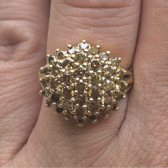 1.50 Carat Cognac Diamond Yellow Gold Cluster Cocktail Vintage Modern Ring - Picture 8 of 11